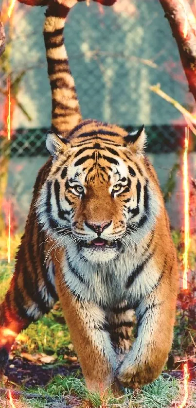 Close-up of a tiger in a natural setting with rich greenery and sunlight.