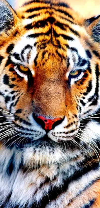 Close-up of a majestic tiger with vivid orange and black stripes.
