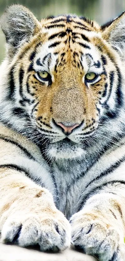 Close-up of a majestic tiger staring intently in a wildlife setting.