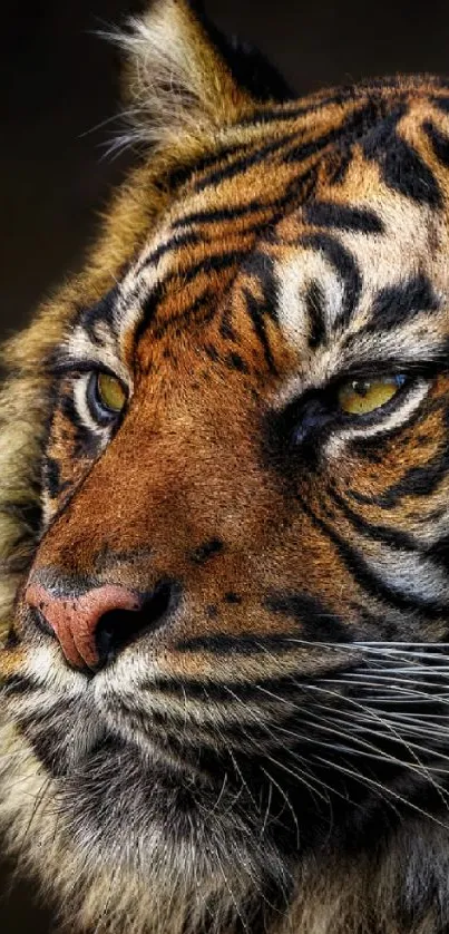 Close-up of a majestic tiger's face with detailed fur and piercing gaze.