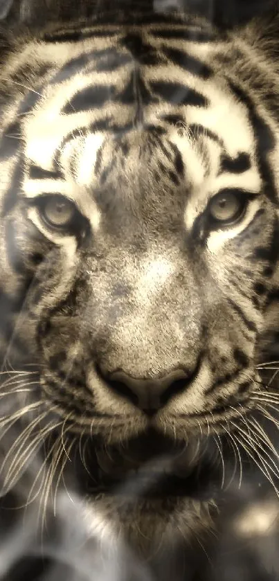 Sepia close-up of a tiger's face, highlighting its fierce gaze.