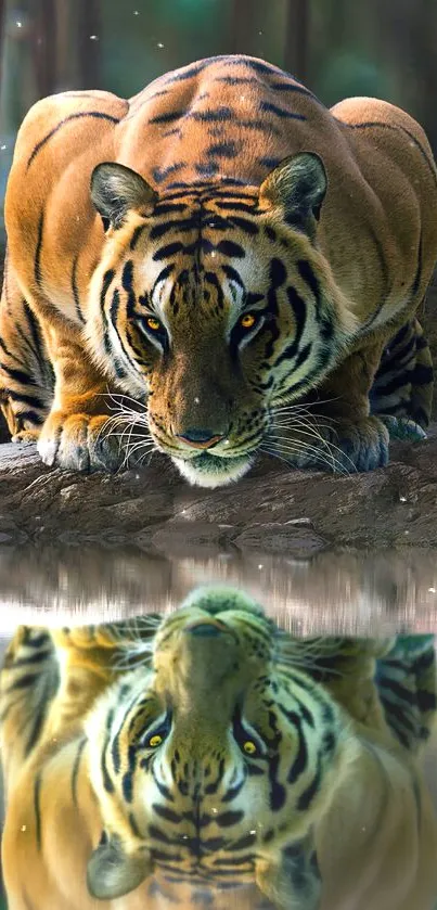 Majestic tiger looks at its serene reflection in the water.