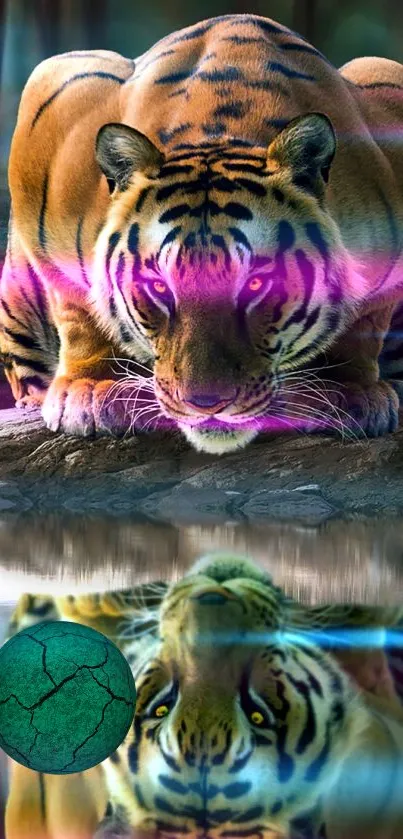 Tiger with neon purple accents reflected in water.