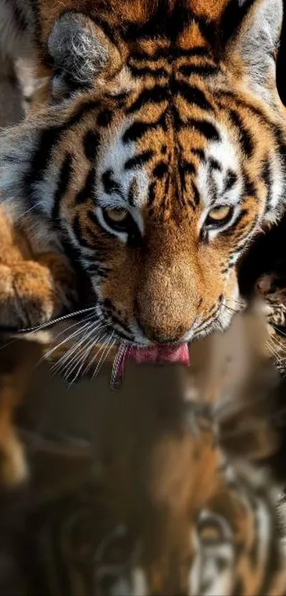 Majestic tiger drinking from water with reflection visible.