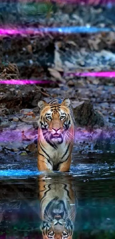 Majestic tiger walking in water with reflection in a natural setting.