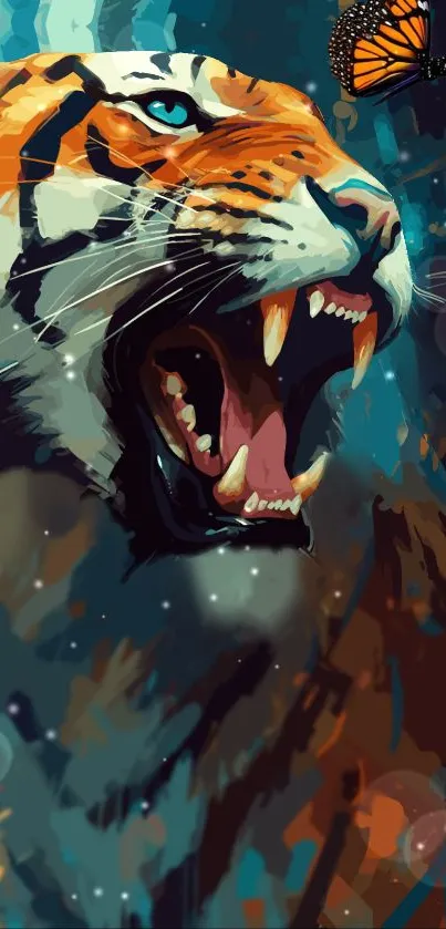 Digital art of roaring tiger with butterfly in teal tones.