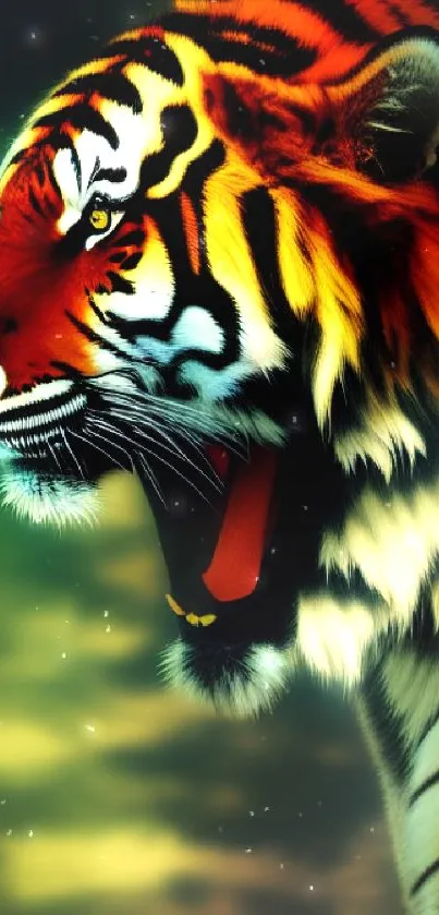 Vibrant tiger roaring with dynamic colors.