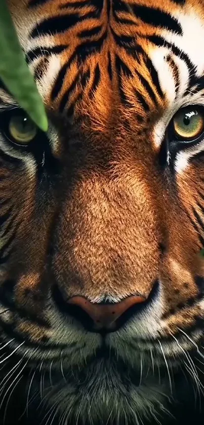 Majestic tiger with intense gaze behind green leaves, high-quality mobile wallpaper.