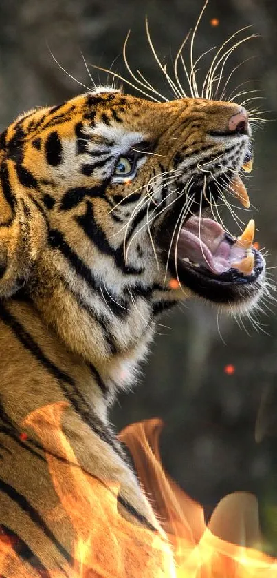 A majestic tiger roaring in the wild, showcasing strength and beauty.