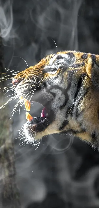 Roaring tiger against a dark background.