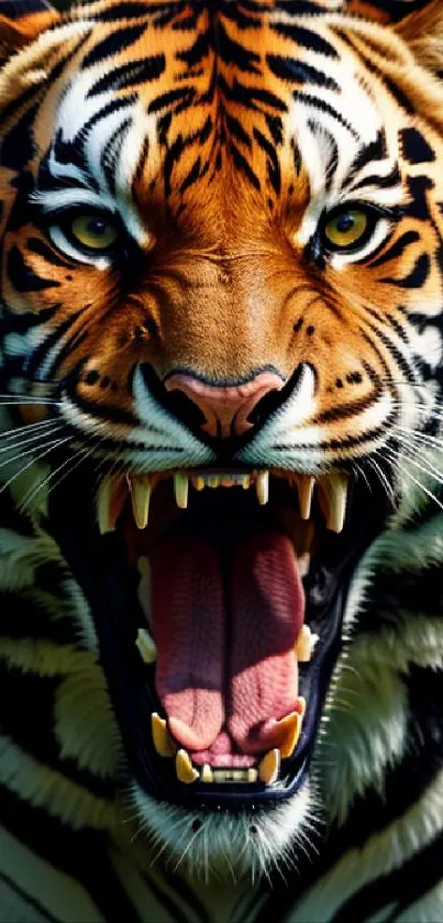 Close-up of roaring tiger with striking orange and black stripes on a mobile wallpaper.