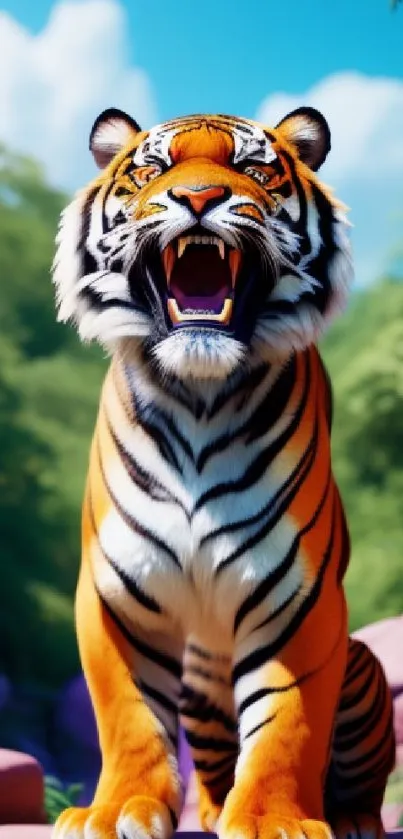 Roaring tiger in vibrant forest scenery, showcasing nature's beauty.