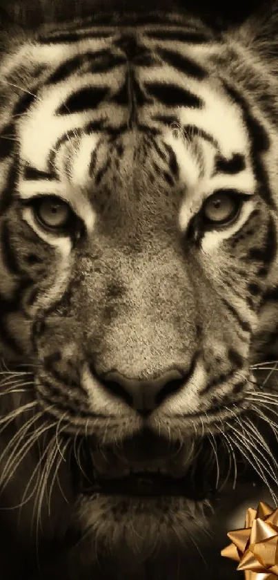 Sepia-toned wallpaper of a tiger's face with elegant details.