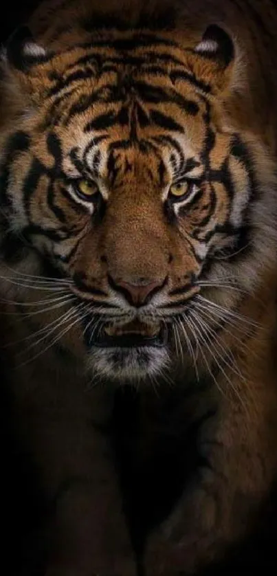 Majestic tiger prowling in dark background wallpaper.