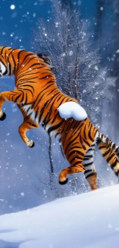 Tiger leaping through snowy forest in winter wallpaper.