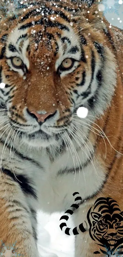 Majestic tiger in the snow with intricate patterns and vibrant fur colors.