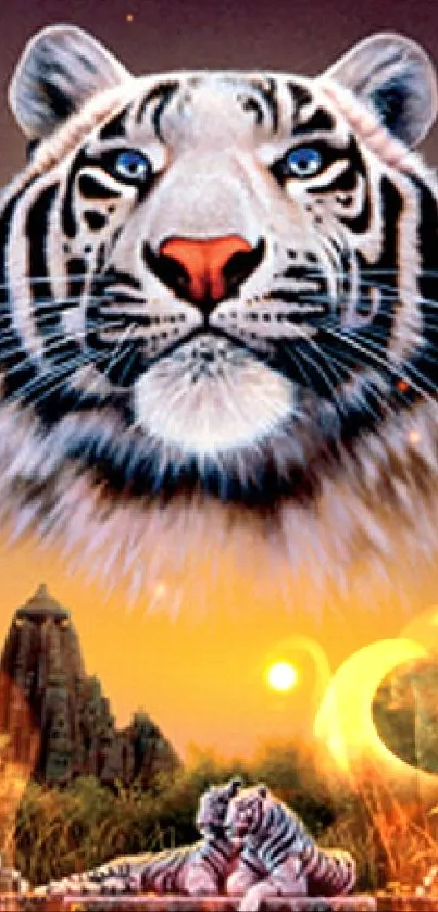 Surreal tiger head overlooks a sunset jungle scene in artistic wallpaper.