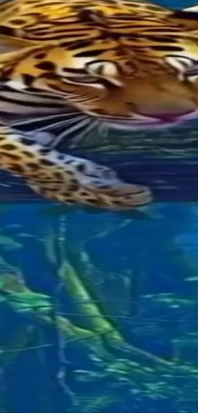 Tiger swimming in vibrant jungle setting with rich colors.