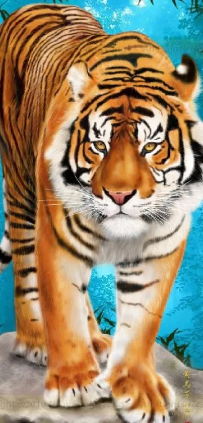 Majestic tiger in a tropical jungle wallpaper design.