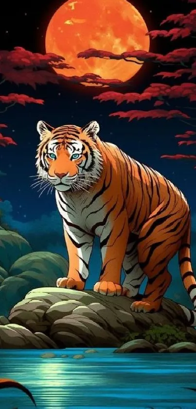 Illustration of a tiger standing on a rock under a bright moon.