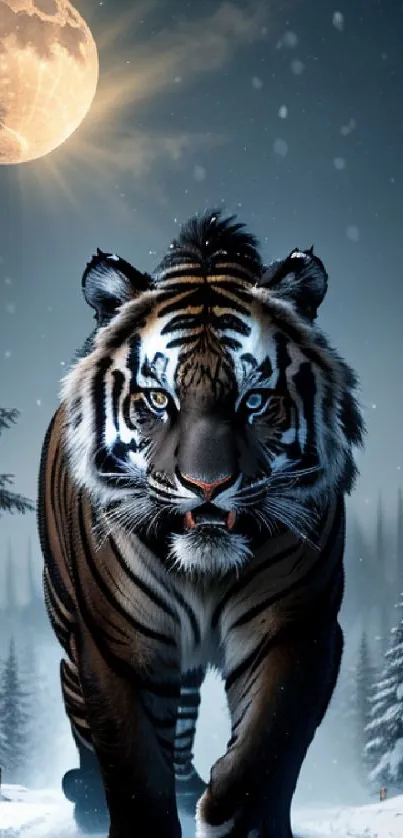 Tiger in a snowy forest under a full moon, creating a mystical night scene.