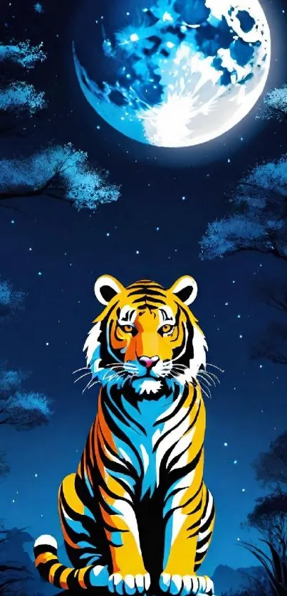 Tiger sitting under a bright full moon in a forest setting.
