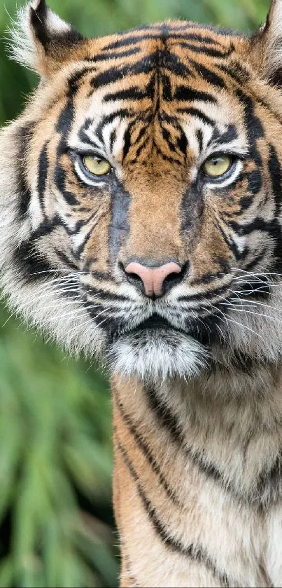 Close-up of a majestic tiger with green foliage in the background.