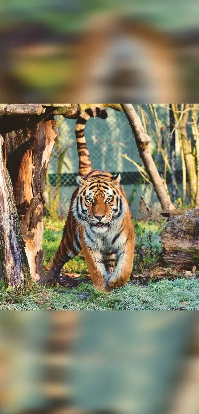 Mobile wallpaper of a majestic tiger in a lush forest.