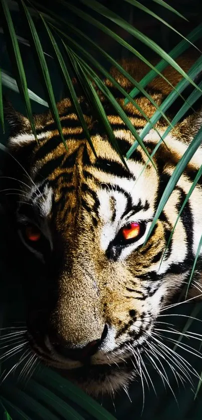 Majestic tiger peering through lush green leaves, perfect for mobile wallpaper.