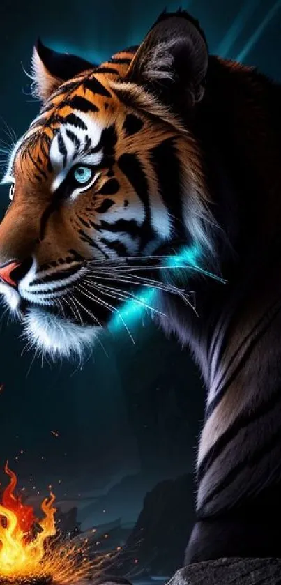 Majestic tiger illuminated by fiery glow in a night scene.