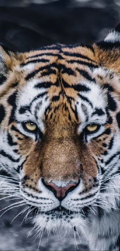 Close-up of a majestic tiger's face in natural habitat.