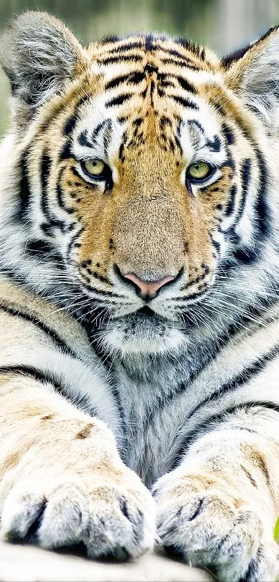 Majestic tiger laying down, showing striking black stripes.