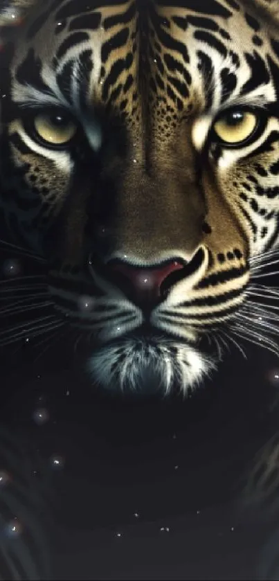 Close-up of a majestic tiger with piercing eyes on a dark background.