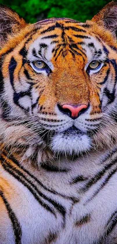 Close-up of a majestic tiger in lush greenery.