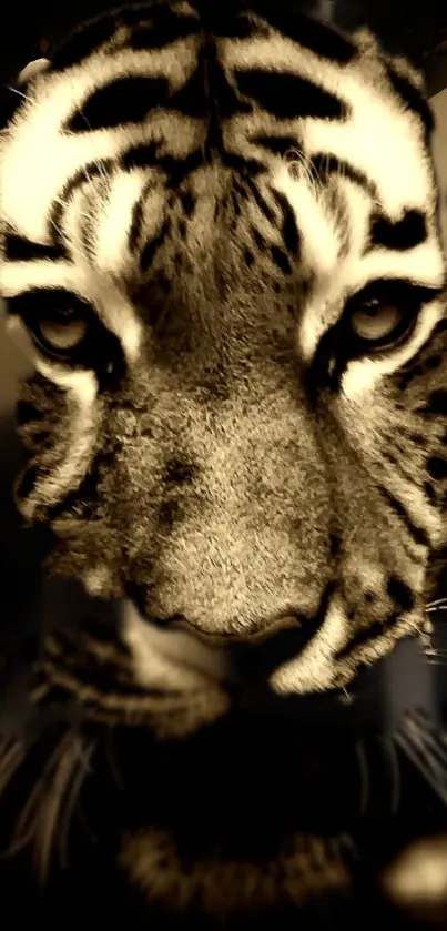 Majestic tiger face with dark brown hues, close-up wallpaper.