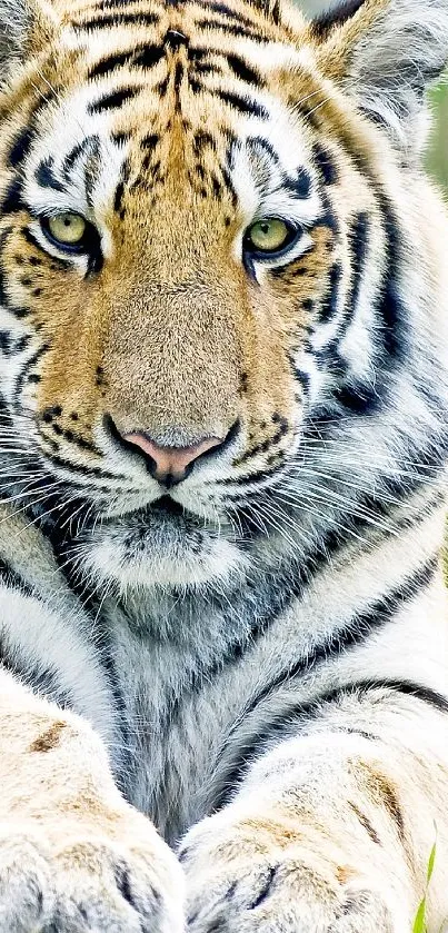 Close-up of a majestic tiger lying down, showcasing its powerful presence.