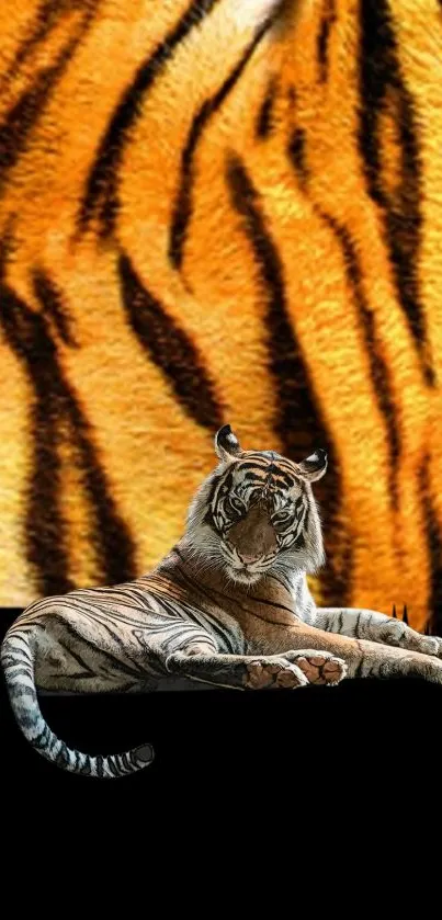 Orange and black striped tiger resting in a vivid nature art scene.