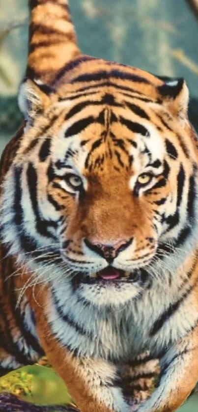 Majestic tiger walking towards the camera in a vibrant natural setting.