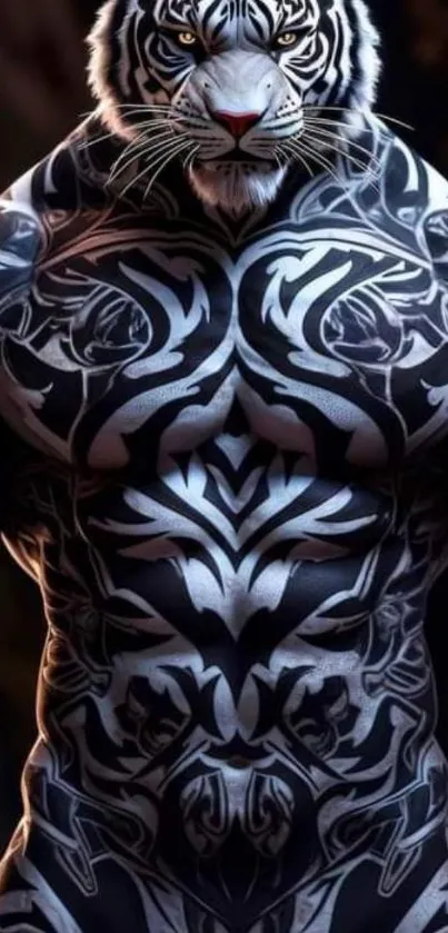 Tiger warrior with intricate black and white body art in a digital fantasy style.