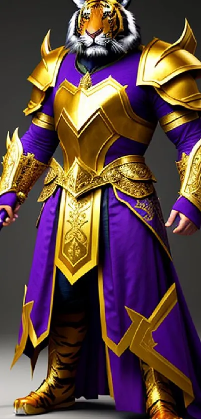 Tiger warrior in purple and gold armor, majestic fantasy scene.