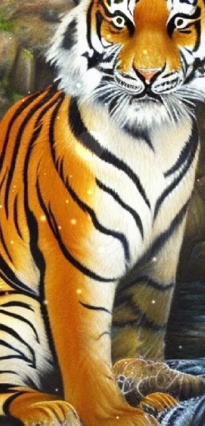 Artwork of a tiger by a waterfall, showcasing vivid orange stripes.