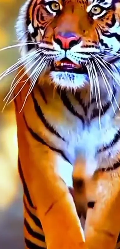 Vivid wallpaper of majestic tiger walking forward with a blurred background.