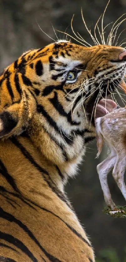 Majestic tiger in the wild with prey in stunning nature scene.