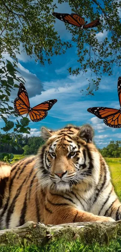 Tiger with butterflies in a natural landscape mobile wallpaper.