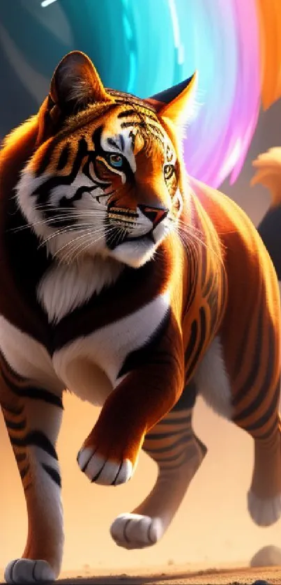 Majestic tiger with vibrant colorful trails in dynamic pose mobile wallpaper.