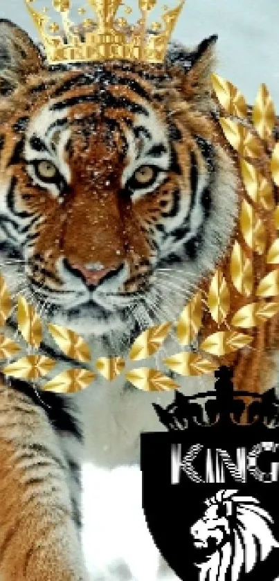 Tiger with golden crown on snowy backdrop, symbolizing majesty.