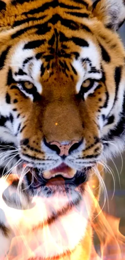 Majestic tiger with flames background for mobile wallpaper.