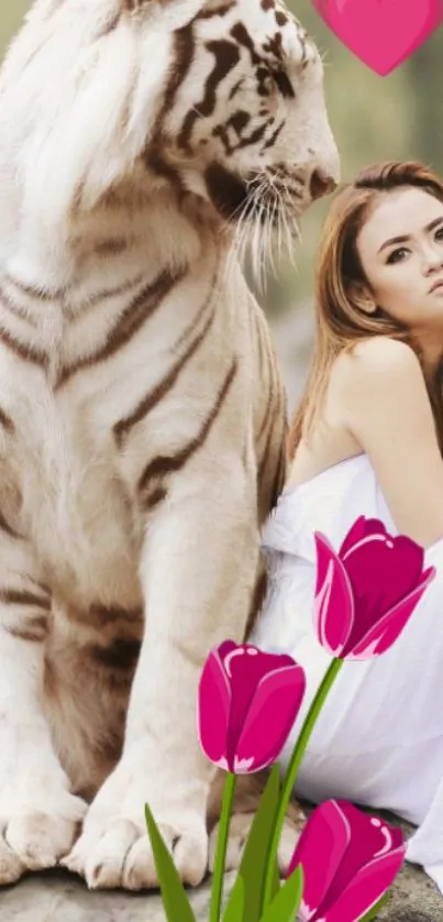 Wallpaper with a white tiger, pink tulips, and serene background.