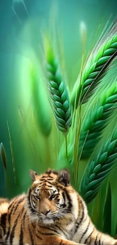 Majestic tiger lying amongst lush green stalks in a serene mobile wallpaper.