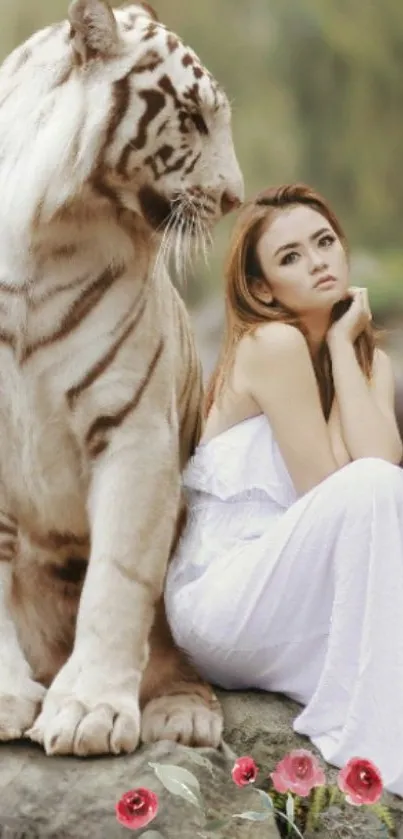 White tiger with a woman in a serene natural setting, perfect for wallpaper.